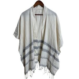 The Handloom Cream Blue Poncho Kimono Beach Cover Up One Size